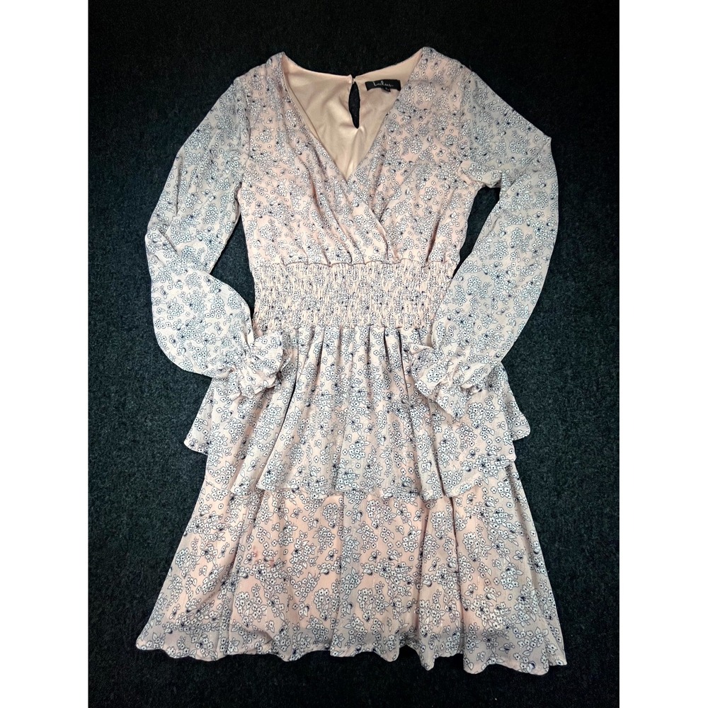 Lulus Midi Dress Women's Large Pink Floral Smocked Waist Tiered Long Sleeve